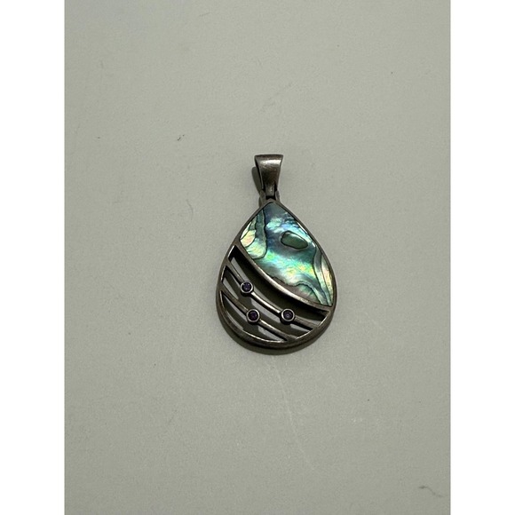 Jewelry - Vintage Sterling Silver Teardrop Abalone Shell Pendant with Amethyst 925